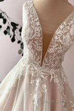 Elegant Long Sweetheart A Line Tulle Appliques Lace Wedding Dresses
