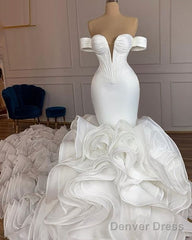 Elegant Mermaid African Women Wedding Dresses  Off The Shoulder Ruffles High Quality Satin Birdal White Wedding Gowns Prom Dresses