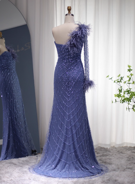 Elegant Mermaid Blue One-Shoulder Feather Beaded Tulle Long Prom Dresses Evening Dresses