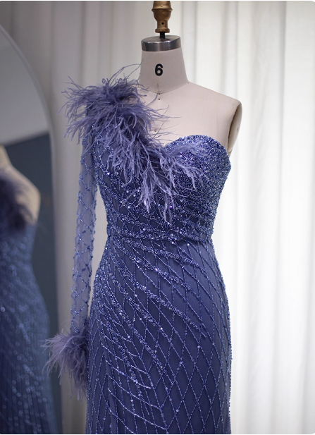 Elegant Mermaid Blue One-Shoulder Feather Beaded Tulle Long Prom Dresses Evening Dresses