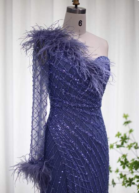 Elegant Mermaid Blue One-Shoulder Feather Beaded Tulle Long Prom Dresses Evening Dresses