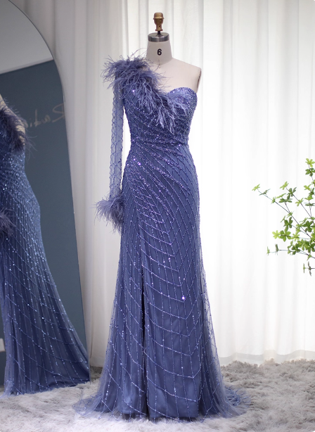 Elegant Mermaid Blue One-Shoulder Feather Beaded Tulle Long Prom Dresses Evening Dresses