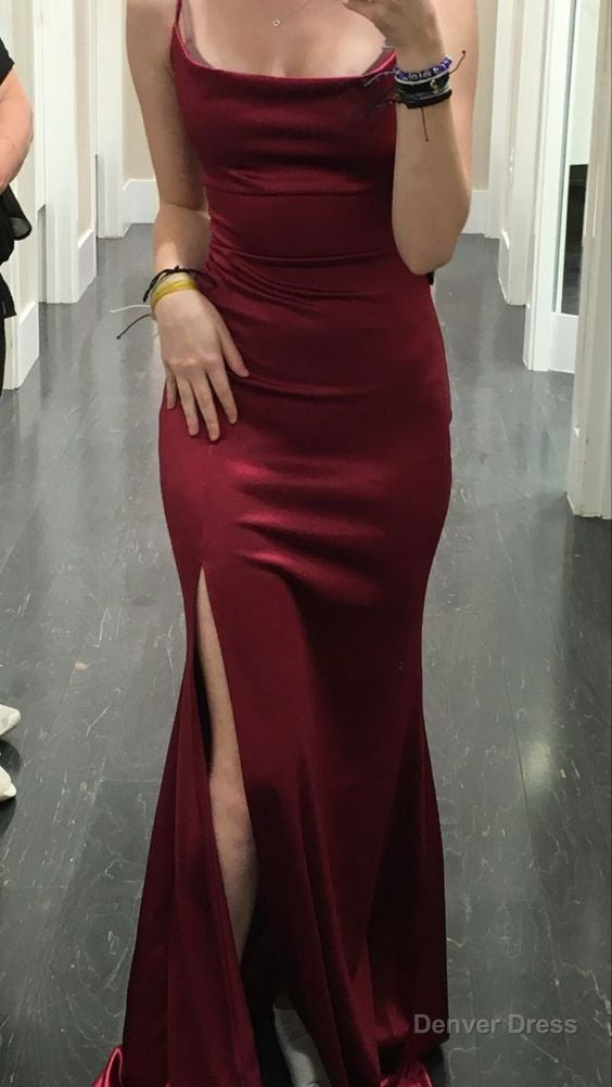 Elegant Mermaid Burgundy Slit Satin Long Prom Dresses Main image