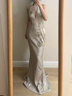 Elegant Mermaid Halter Neck Deep V-Neck Sequined Long Prom Dresses Evening Dresses