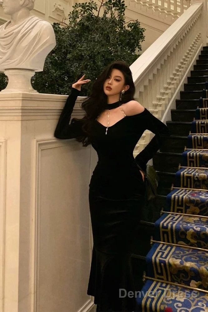 Elegant Mermaid High Neckline Black Velvet Prom Dresses Birthday Outfits Evening Gown Secondary image