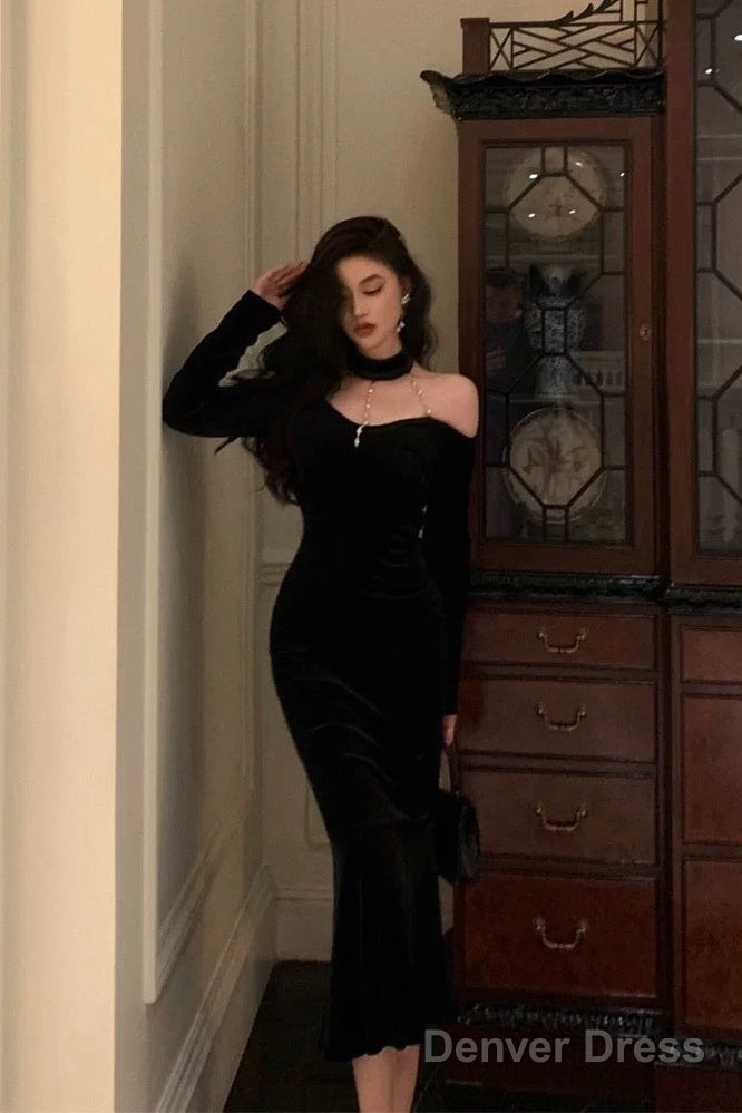 Elegant Mermaid High Neckline Black Velvet Prom Dresses Birthday Outfits Evening Gown