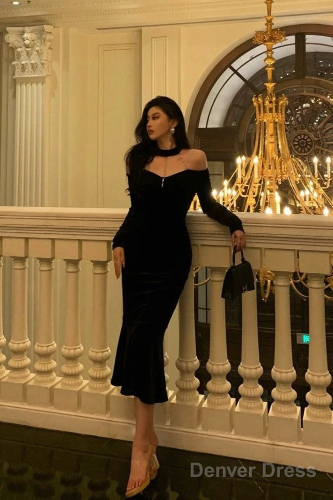 Elegant Mermaid High Neckline Black Velvet Prom Dresses Birthday Outfits Evening Gown Main image