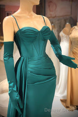 Elegant Mermaid Long Dark Green Spaghetti Straps Prom Dress With Ruffles