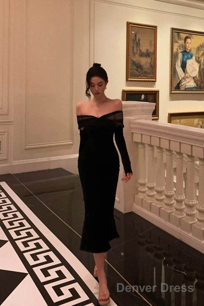 Elegant Mermaid Off The Shoulder Long Sleeves Black Prom Dresses Birthday Outfits Evening Gown