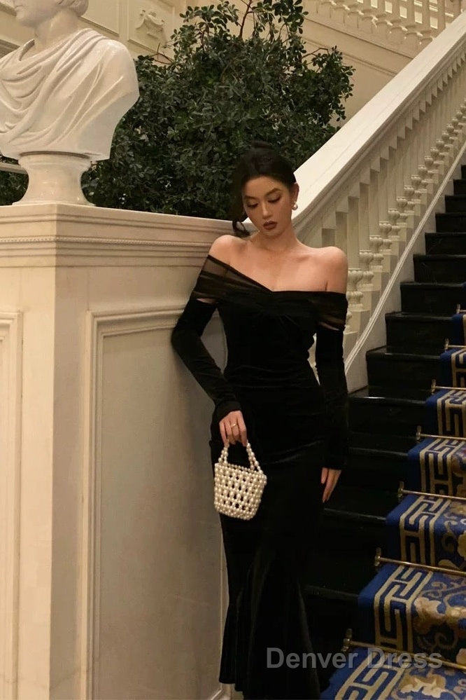 Elegant Mermaid Off The Shoulder Long Sleeves Black Prom Dresses Birthday Outfits Evening Gown