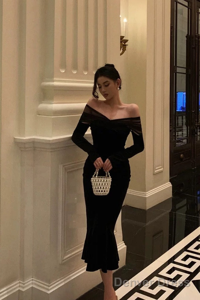 Elegant Mermaid Off The Shoulder Long Sleeves Black Prom Dresses Birthday Outfits Prom Gowns
