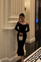 Elegant Mermaid Off The Shoulder Long Sleeves Black Prom Dresses Birthday Outfits Prom Gowns