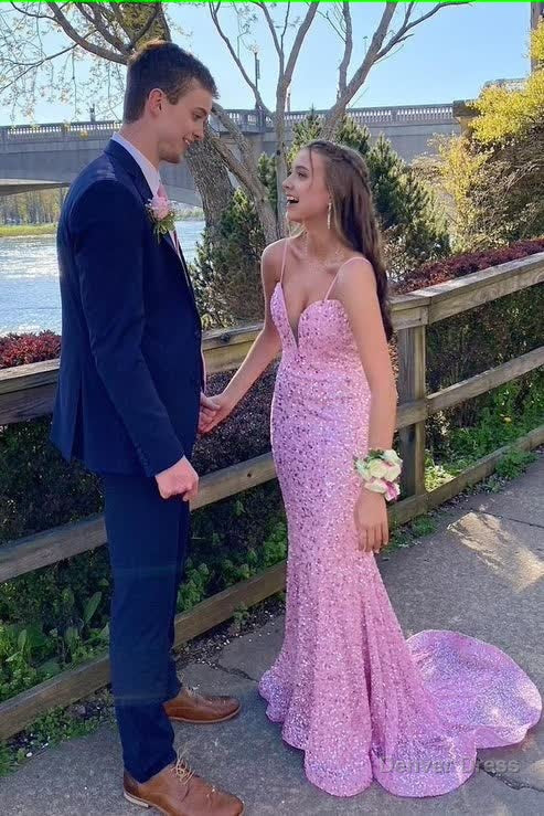 Elegant Mermaid Sequin Pink Long Prom Dress