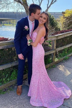 Elegant Mermaid Sequin Pink Long Prom Dress