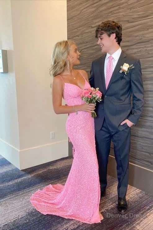 Elegant Mermaid Sequin Pink Long Prom Dress
