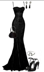 Elegant Mermaid Spaghetti Straps Black Lace Long Prom Dresses Birthday Outfits