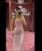 Elegant Mermaid Spaghetti Straps Pink Beads Sequin Slit Long Prom Dress