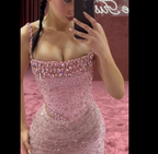 Elegant Mermaid Spaghetti Straps Pink Beads Sequin Slit Long Prom Dress