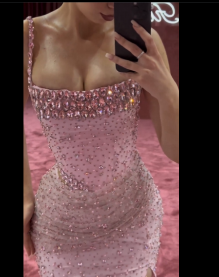 Elegant Mermaid Spaghetti Straps Pink Beads Sequin Slit Long Prom Dress