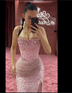 Elegant Mermaid Spaghetti Straps Pink Beads Sequin Slit Long Prom Dress