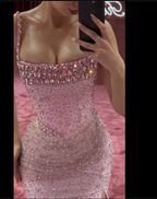 Elegant Mermaid Spaghetti Straps Pink Beads Sequin Slit Long Prom Dress
