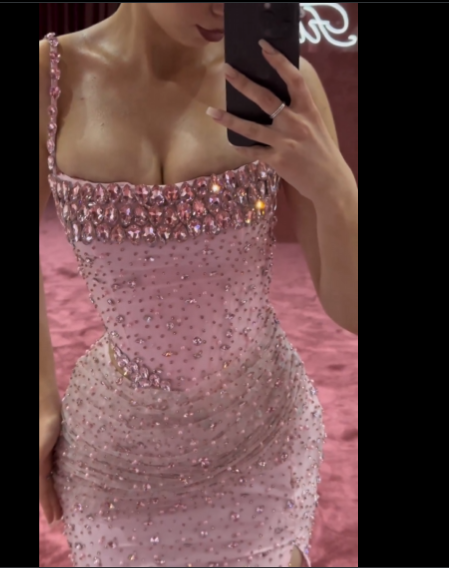 Elegant Mermaid Spaghetti Straps Pink Beads Sequin Slit Long Prom Dress