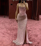 Elegant Mermaid Spaghetti Straps Pink Beads Sequin Slit Long Prom Dress