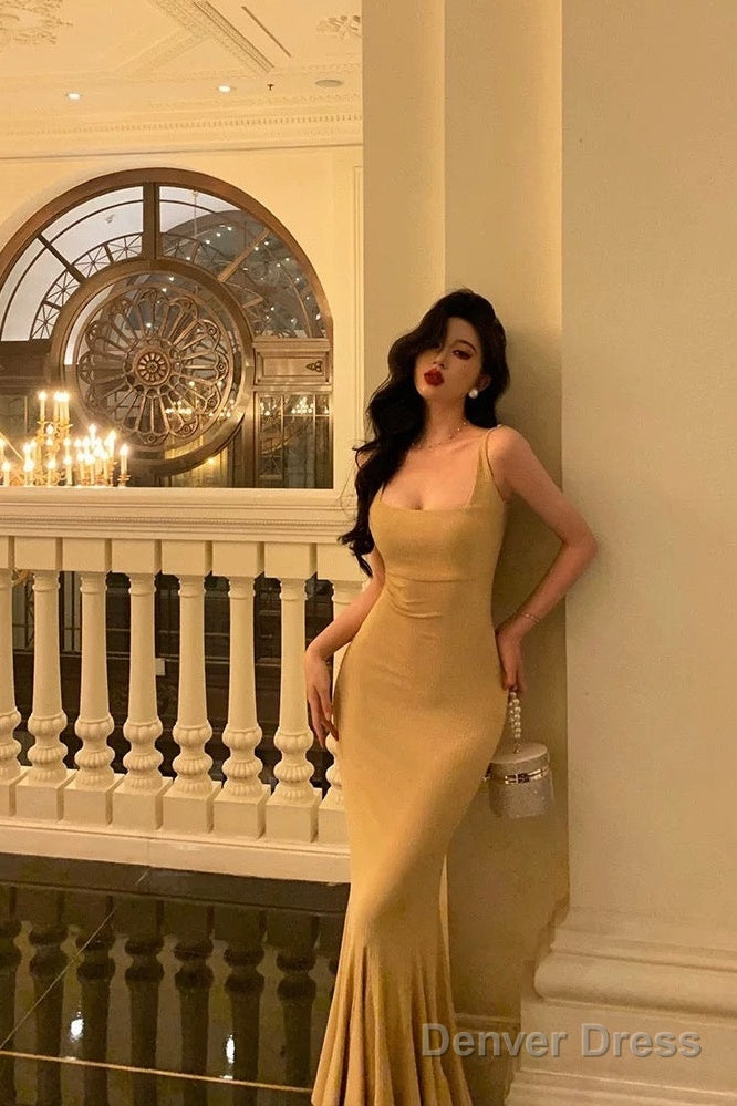 Elegant Mermaid Spaghetti Straps Yellow Long Prom Dresses Birthday Outfits Prom Gowns