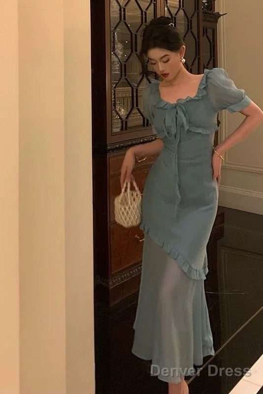Elegant Mermaid Square Neckline Short Sleeves Blue Chiffon Prom Dresses Birthday Outfits Prom Gowns