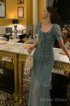 Elegant Mermaid Square Neckline Short Sleeves Blue Chiffon Prom Dresses Birthday Outfits Prom Gowns