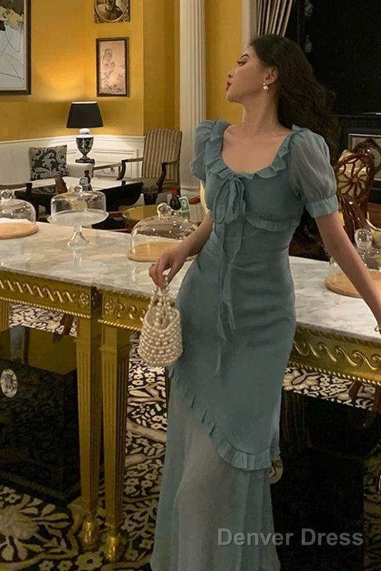 Elegant Mermaid Square Neckline Short Sleeves Blue Chiffon Prom Dresses Birthday Outfits Prom Gowns