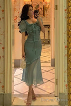 Elegant Mermaid Square Neckline Short Sleeves Blue Chiffon Prom Dresses Birthday Outfits Prom Gowns