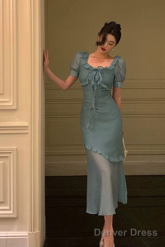Elegant Mermaid Square Neckline Short Sleeves Blue Chiffon Prom Dresses Birthday Outfits Prom Gowns
