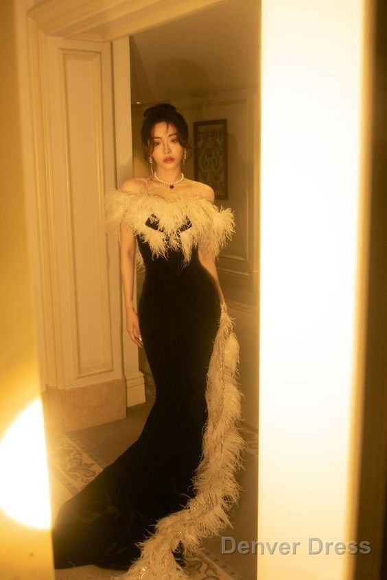 Elegant Mermaid Strapless Black Velvet Prom Dresses Long Formal Dress