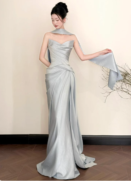 Elegant Mermaid Strapless Ruffled Satin Train Prom Dresses Evening Dresses Secondary image