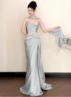 Elegant Mermaid Strapless Ruffled Satin Train Prom Dresses Evening Dresses