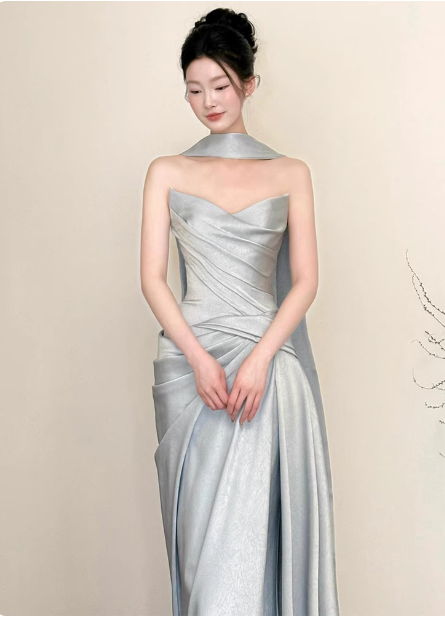 Elegant Mermaid Strapless Ruffled Satin Train Prom Dresses Evening Dresses
