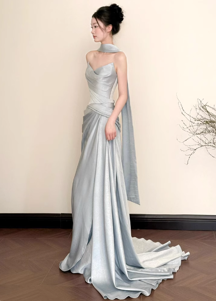 Elegant Mermaid Strapless Ruffled Satin Train Prom Dresses Evening Dresses