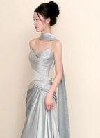 Elegant Mermaid Strapless Ruffled Satin Train Prom Dresses Evening Dresses