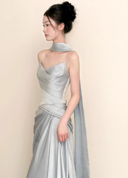 Elegant Mermaid Strapless Ruffled Satin Train Prom Dresses Evening Dresses