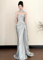 Elegant Mermaid Strapless Ruffled Satin Train Prom Dresses Evening Dresses