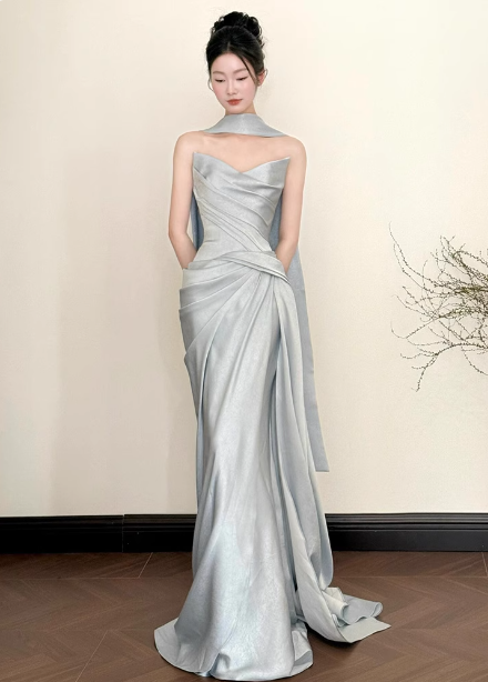 Elegant Mermaid Strapless Ruffled Satin Train Prom Dresses Evening Dresses