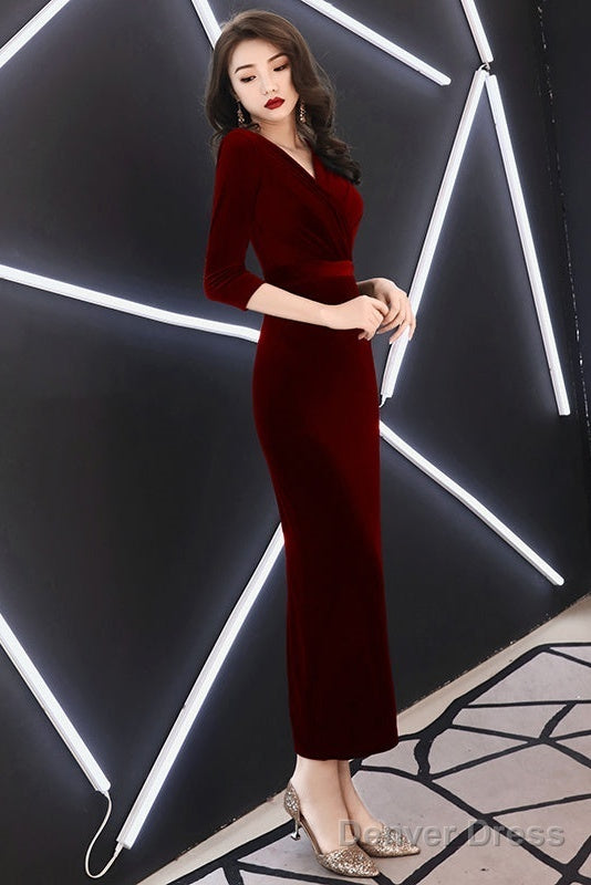 Elegant Mermaid Tea Length Wedding Prom Dress, Velvet Burgundy Prom Dresses