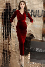 Elegant Mermaid Tea Length Wedding Party Dress, Velvet Burgundy Party Dress