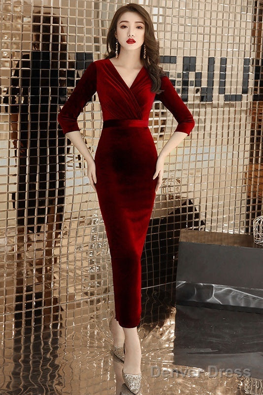 Elegant Mermaid Tea Length Wedding Party Dress, Velvet Burgundy Party Dress