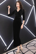 Elegant Mermaid Tea Length Wedding Prom Dress, Velvet Burgundy Prom Dresses