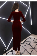 Elegant Mermaid Tea Length Wedding Prom Dress, Velvet Burgundy Prom Dresses