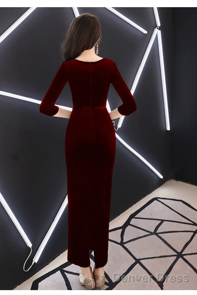 Elegant Mermaid Tea Length Wedding Prom Dress, Velvet Burgundy Prom Dresses