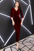 Elegant Mermaid Tea Length Wedding Prom Dress, Velvet Burgundy Prom Dresses