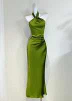 Elegant Minimalist Green Slim Halter Neck Satin Long Prom Dresses Evening Dresses